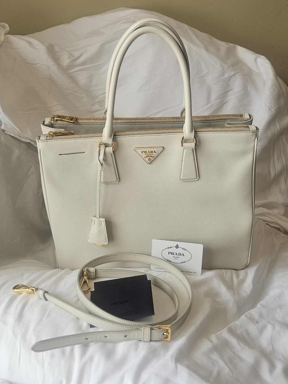 Prada Galleria Saffiano Leather Double-Zip Tote, Large, Talco White, EUC